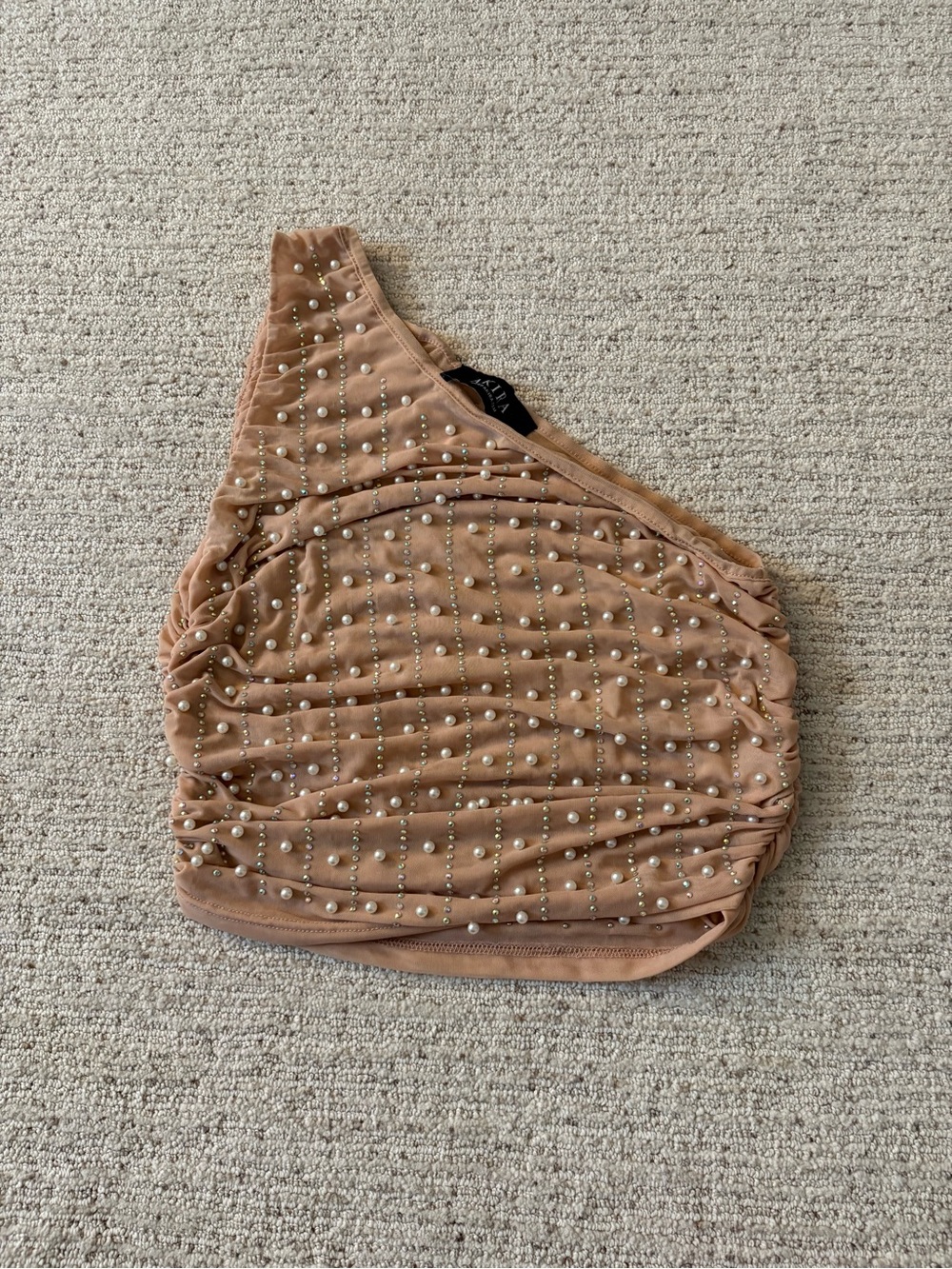 AKIRA Nude One-Shoulder Pearl Embellished Crop Top